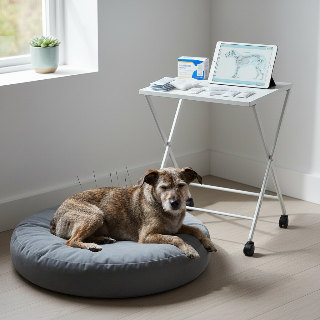 A modern, minimalist home office corner repurposed as a temporary treatment area for veterinary acupuncture. A medium-sized brindle mixed-breed dog sits relaxed on a thick, slate-gray cushion on the floor, with a small number of thin acupuncture needles gently placed along its back and shoulders. A simple, foldable treatment cart nearby holds neatly arranged sterile needle packs, alcohol swabs, and a digital tablet displaying a canine anatomy diagram. Soft, diffused daylight streams through a large nearby window, creating clean highlights and soft shadows without glare. Photographic realism, shot from a slightly elevated three-quarter angle. The color palette is neutral with subtle blue and green accents, creating a professional, clean, and organized feel that highlights the convenience and sophistication of in-home mobile veterinary services.