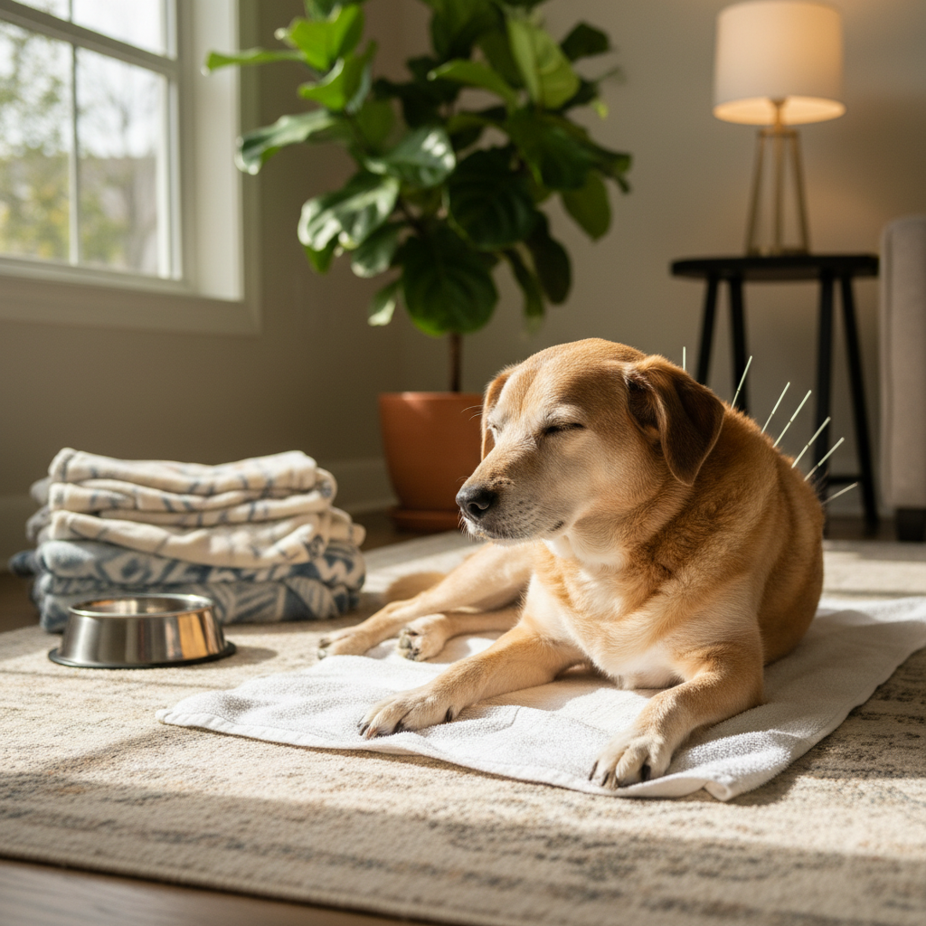 A peaceful scene of a senior mixed-breed dog with graying fur comfortably lying on a folded, soft white towel on a living room rug, mid-acupuncture session. Several slim needles are placed symmetrically along its neck, spine, and hind legs, all inserted at correct angles and appearing gentle. Around the dog are subtle signs of home comfort: a neatly stacked pile of pet blankets, a stainless steel water bowl, and a tasteful plant in the corner. Natural midday light filters through a nearby window, combined with warm indoor lamp light, creating balanced, flattering illumination. Photographic realism at an eye-level angle, with the dog slightly off-center for a professional, website-friendly composition. The atmosphere is warm, compassionate, and calm, emphasizing pain relief and improved mobility for aging companion animals.