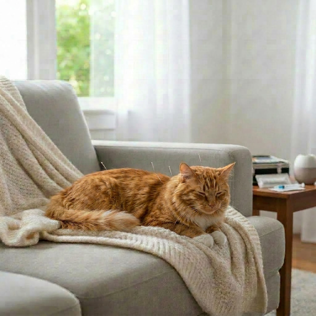 A dignified gray-and-white domestic short-haired cat reclines on a plush cream-colored blanket atop a modern sofa, its fur sleek and healthy. A neat line of very fine acupuncture needles is placed along its spine and shoulders, reflecting a hint of light but appearing delicate and comfortable. The setting is a bright, uncluttered Charlotte home interior, with a large window revealing soft-focus greenery outside. Morning sunlight streams in, diffused by sheer white curtains, creating a serene, clinical-yet-cozy atmosphere. Photographic realism with a slightly elevated angle and rule-of-thirds composition emphasizes the relaxed cat while including context of an in-home visit. The lighting casts gentle shadows and emphasizes the textures of fur, fabric, and needles, conveying trust, safety, and compassionate veterinary care.