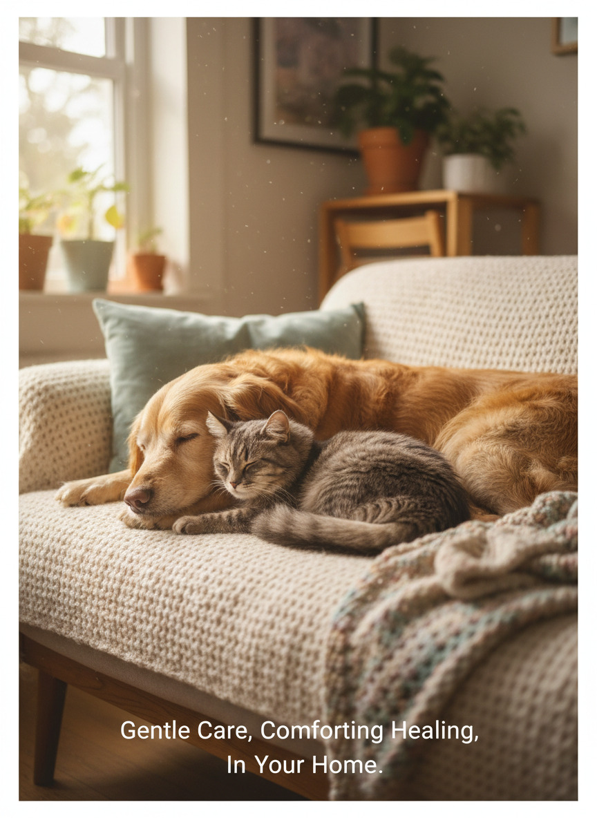 A warm, soft-focus photo of an elderly golden retriever and an older gray tabby cat cuddling together asleep on a cozy couch, natural window light, calm and comforting mood, suitable for a veterinary acupuncture home-visit website