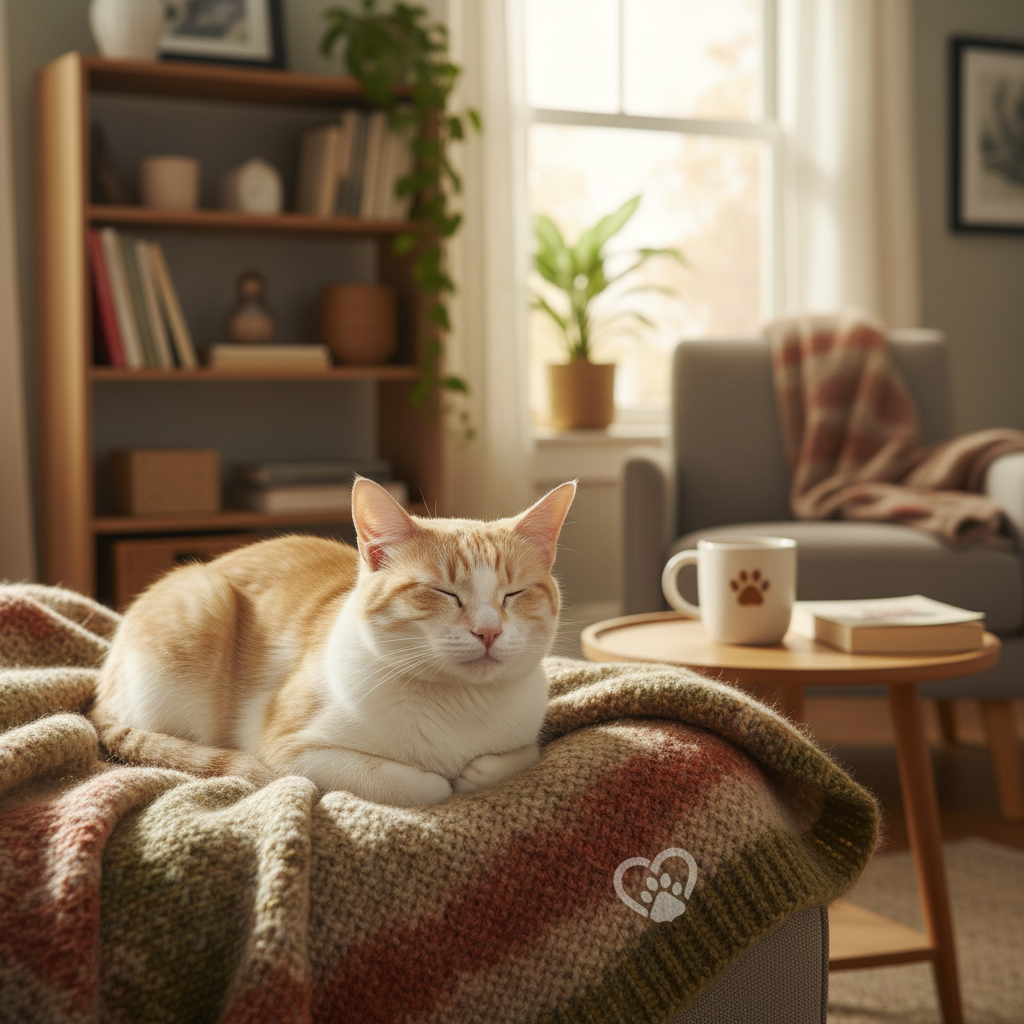 A high-quality, calming image of a cat resting peacefully in a cozy home environment, matching the warm, comforting veterinary care theme of the site.