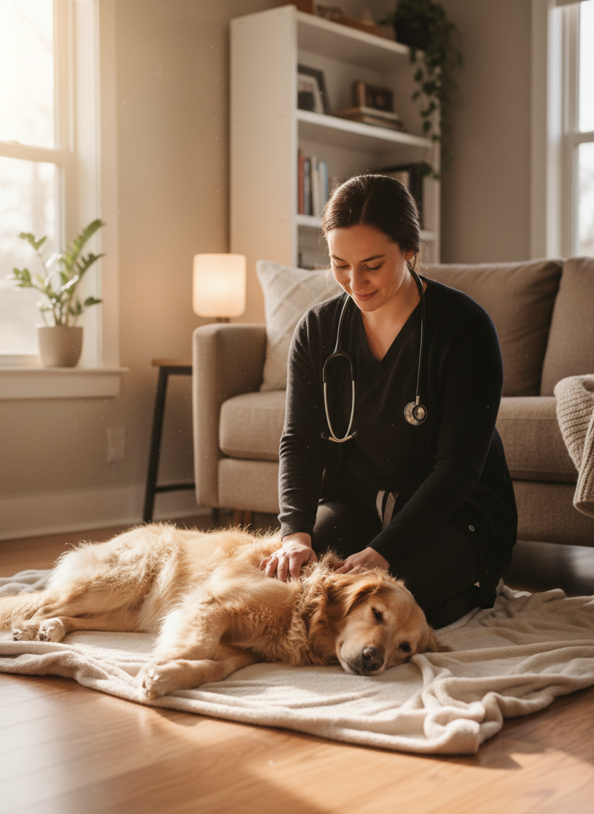 A warm, calming, photo-style image of a veterinarian wearing black clothing in a cozy home setting, gently examining a relaxed dog on a soft blanket, natural light, friendly and professional atmosphere